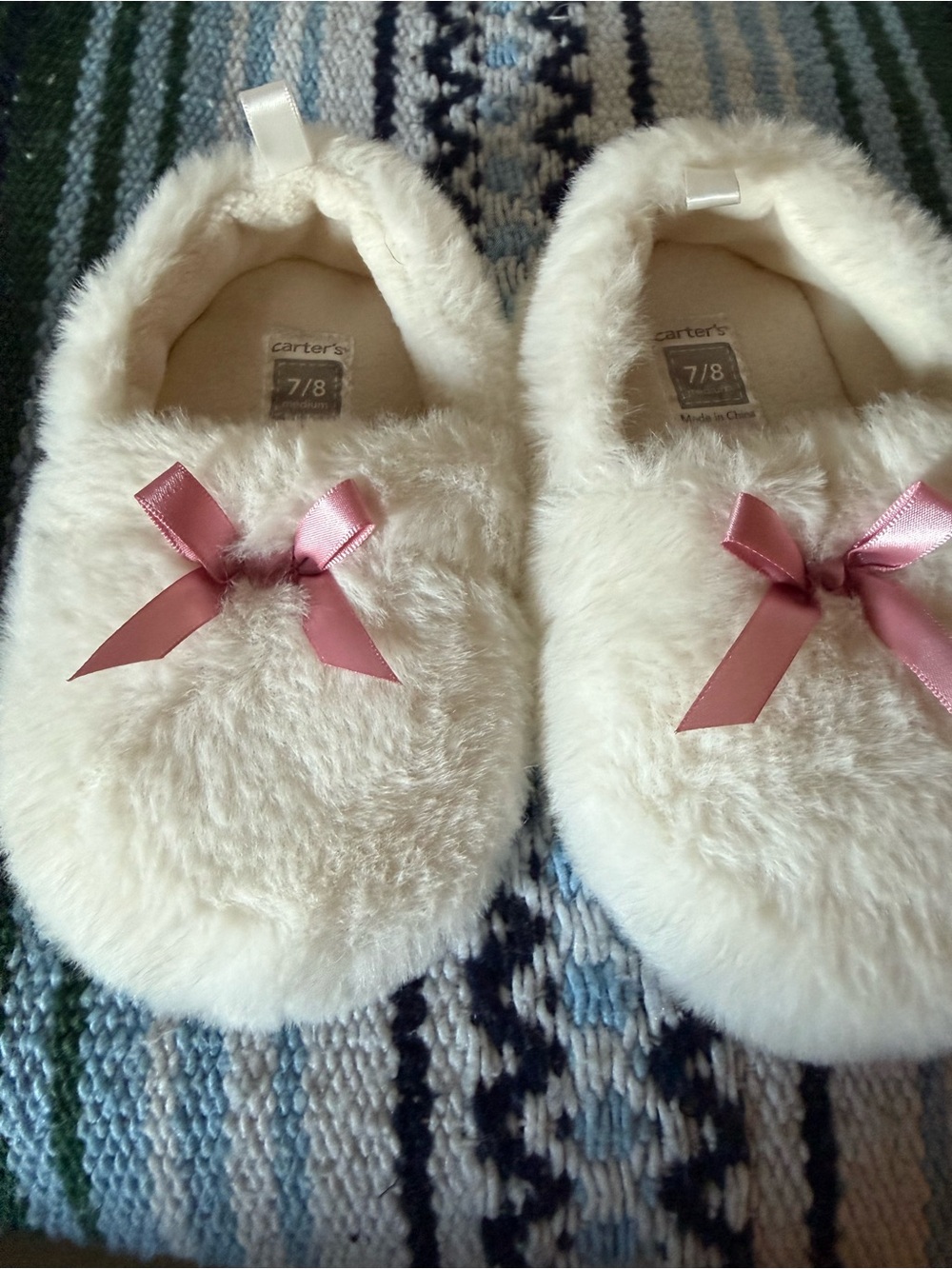 Carter's Cream Plush Girls' Slippers with Pink Satin Bows